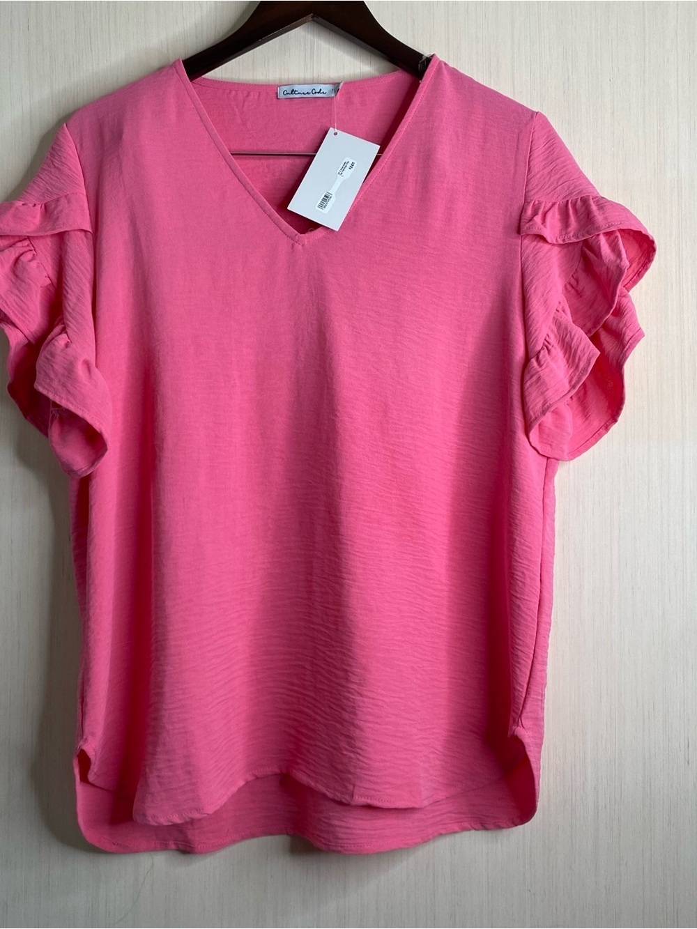 NWT Culture Code Women’s V-Neck Ruffle Sleeve Scalloped Hem Blouse Pink Large
